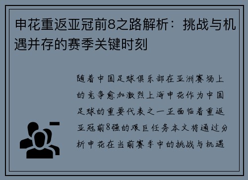 申花重返亚冠前8之路解析：挑战与机遇并存的赛季关键时刻
