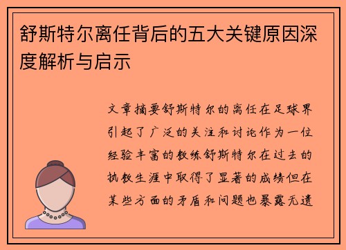舒斯特尔离任背后的五大关键原因深度解析与启示 舒斯特尔离任背后的五大关键原因深度解析与启示