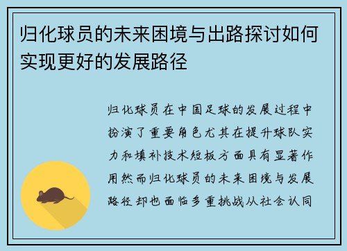 归化球员的未来困境与出路探讨如何实现更好的发展路径